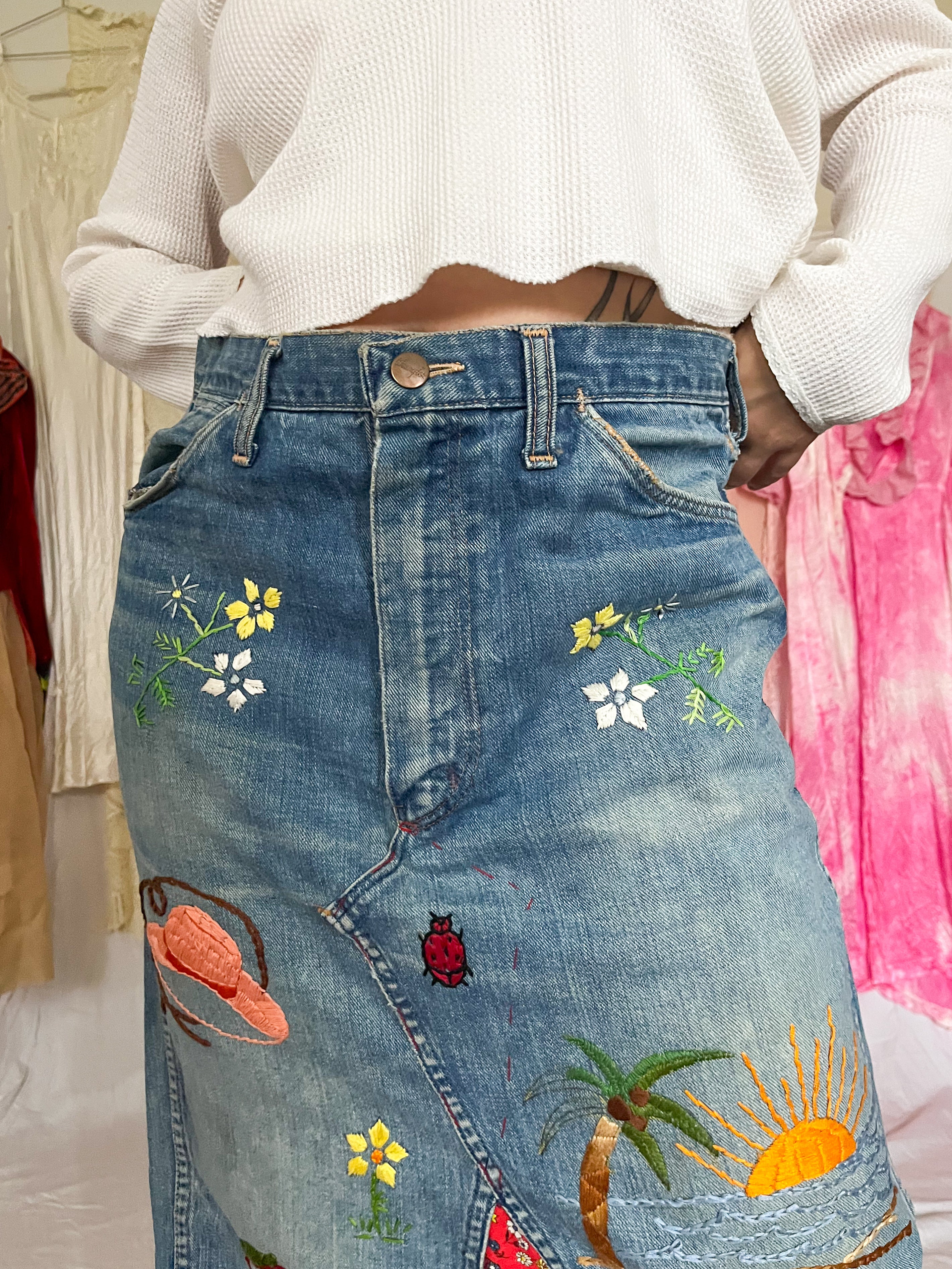 HAND EMBROIDERED DENIM SKIRT